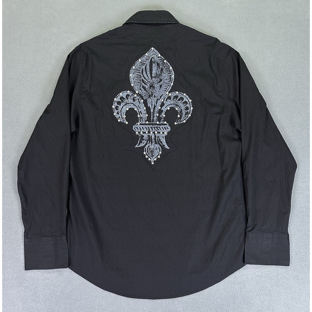 7 Diamonds Shirt Mens Large Black Fleur De Lis Studded Goth Jacquard‎ Texture